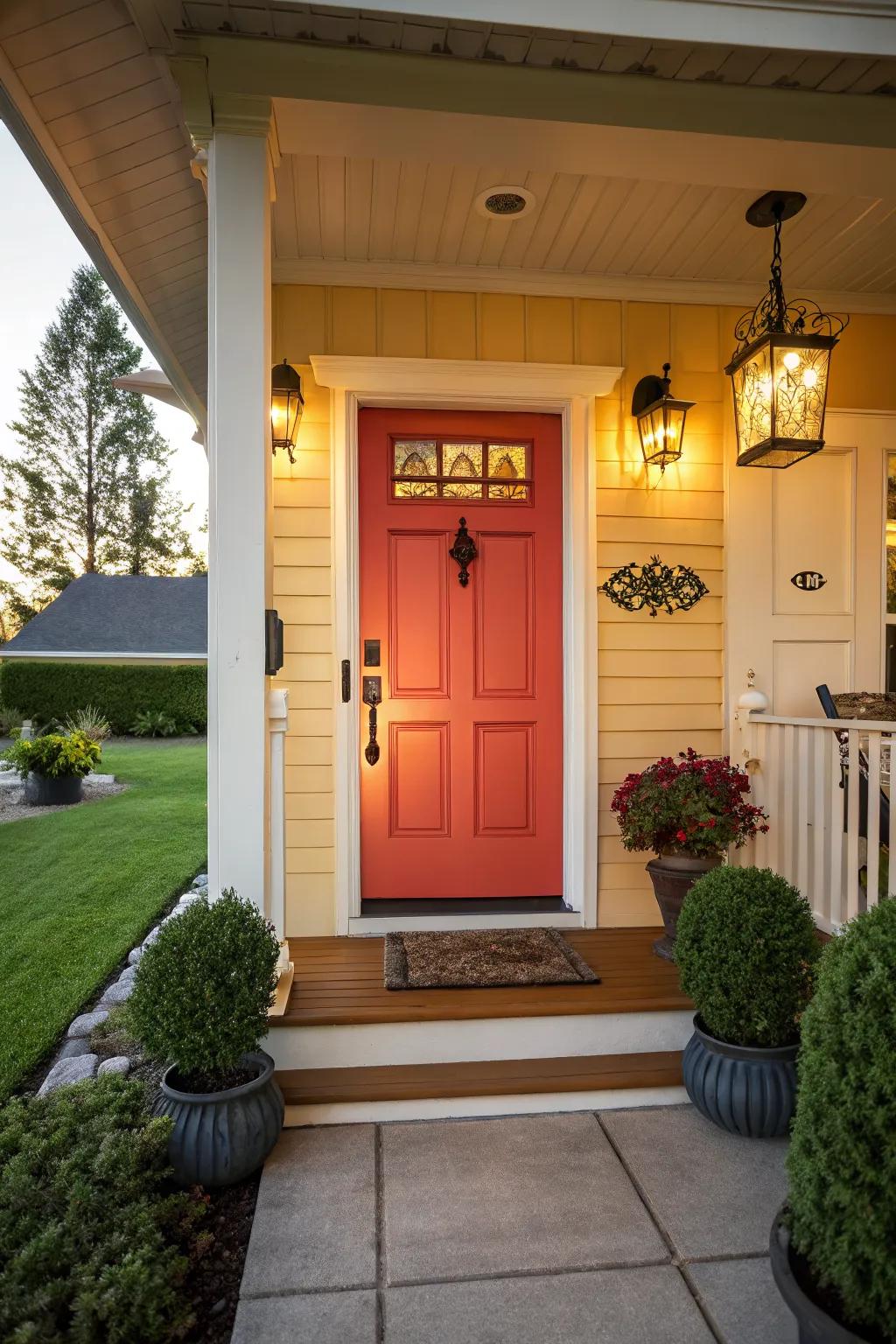 A statement door adds a bold and stylish touch to this porch.