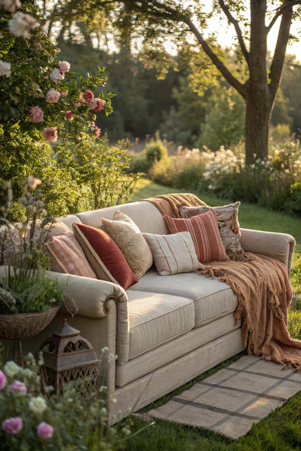 Bring indoor comforts outside for a cozy feel.