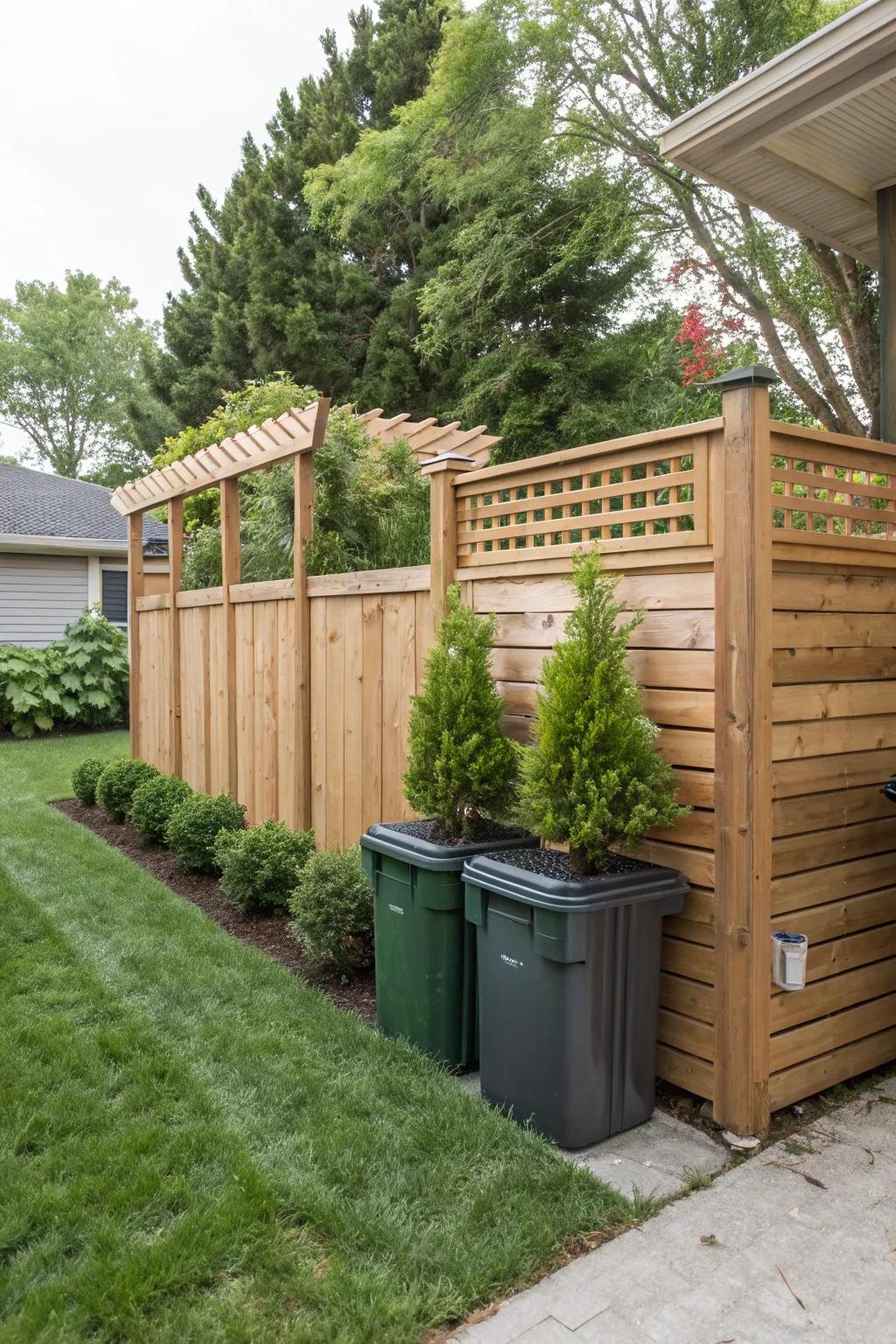 A cedar enclosure with planters offers a charming and functional solution for hiding garbage bins.