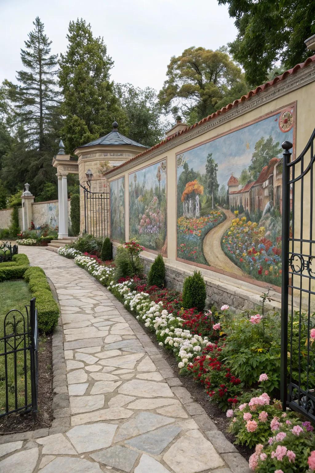 Vintage charm murals create a timeless garden retreat.