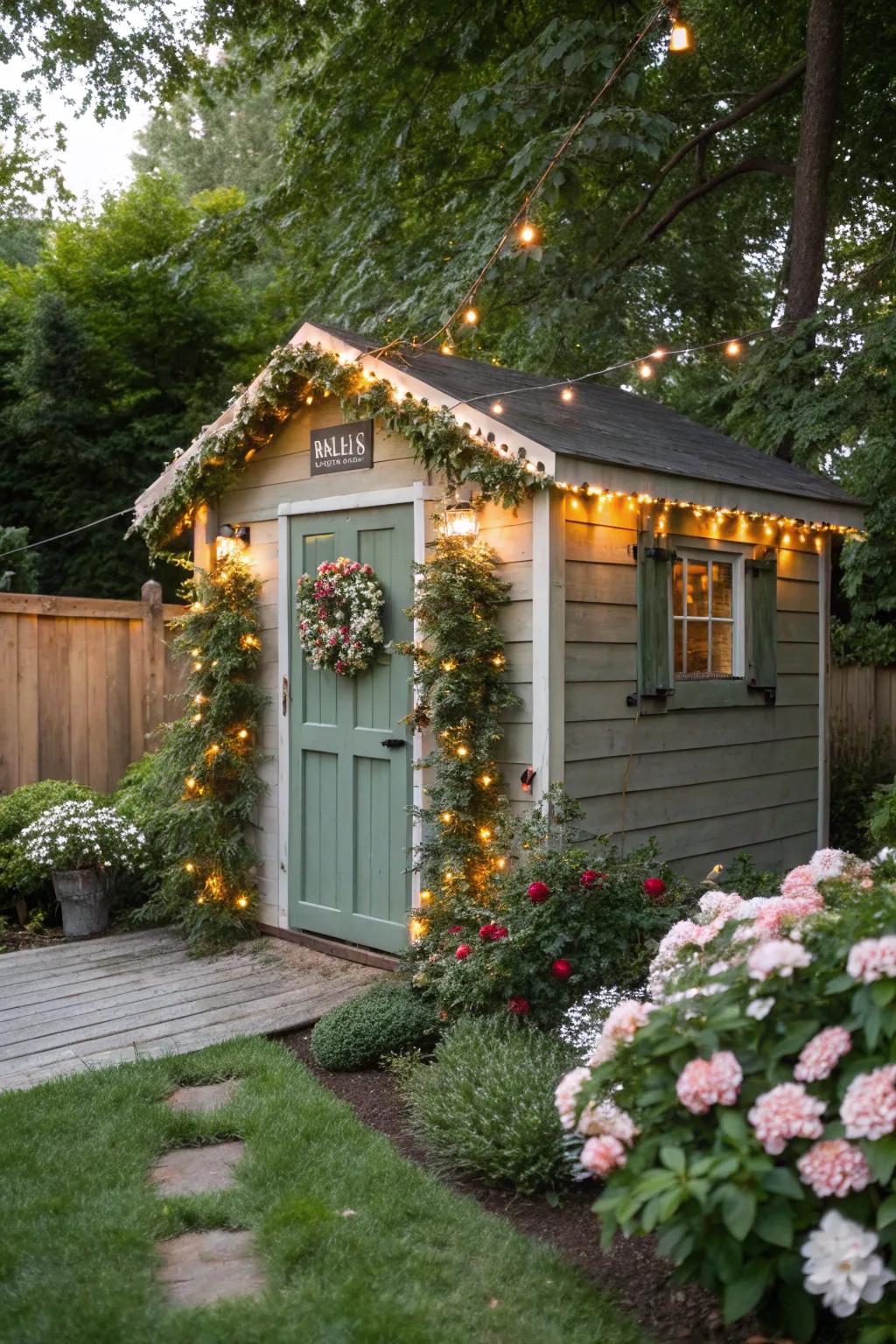 Transform your garden shed with a festive garland makeover.