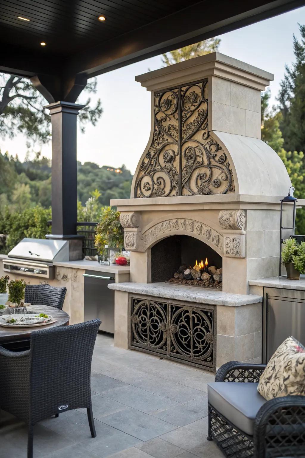 A striking outdoor fireplace with intricate artistic metalwork, adding a unique flair to the space.