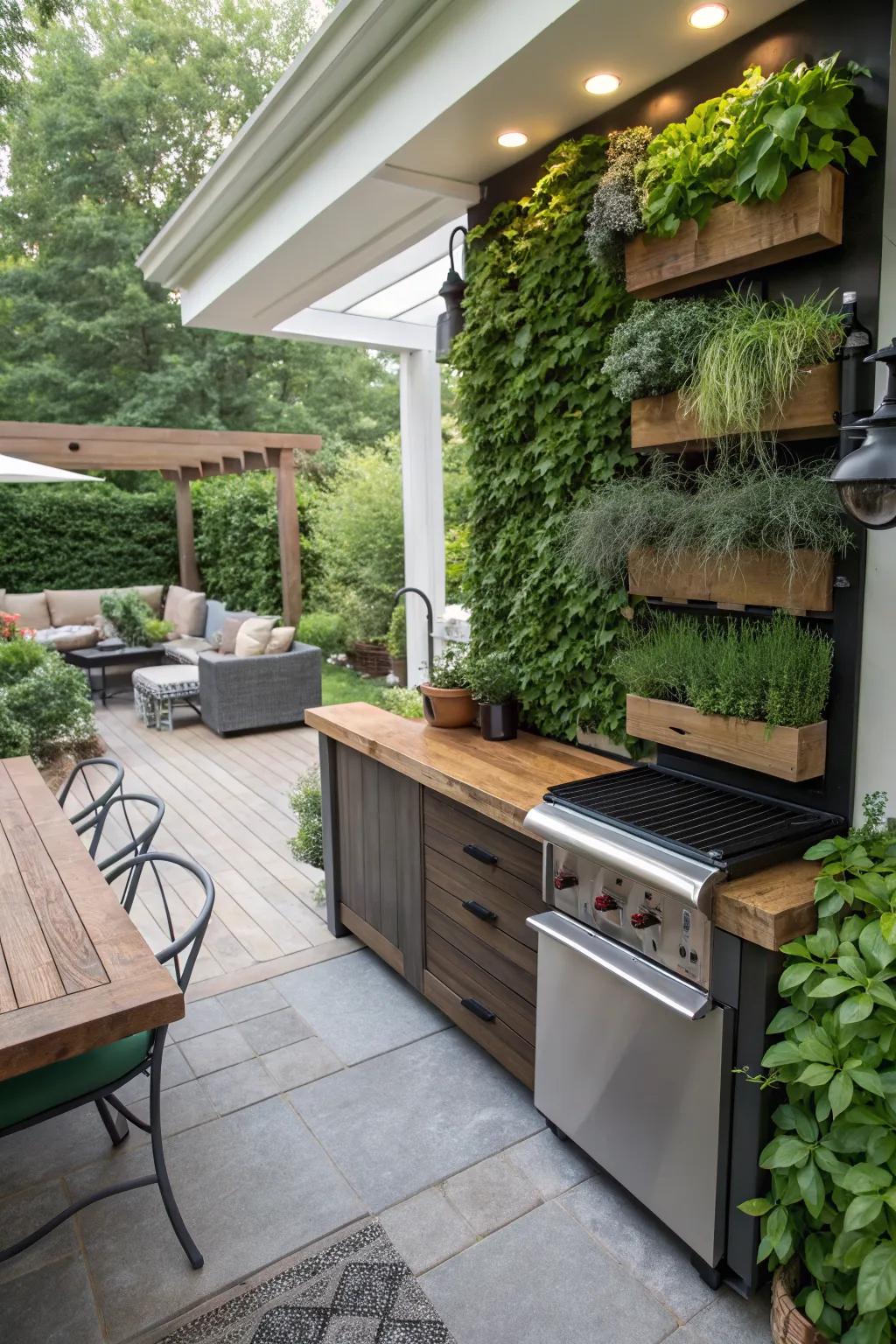 A herb garden wall adds freshness and greenery.