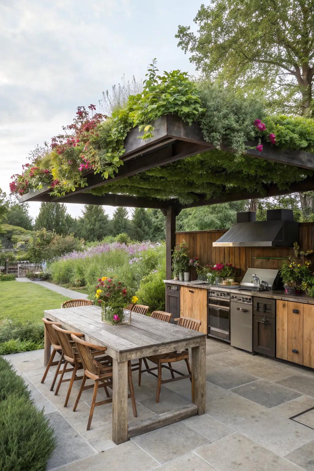 Living roof canopies combine shade with eco-friendly benefits.