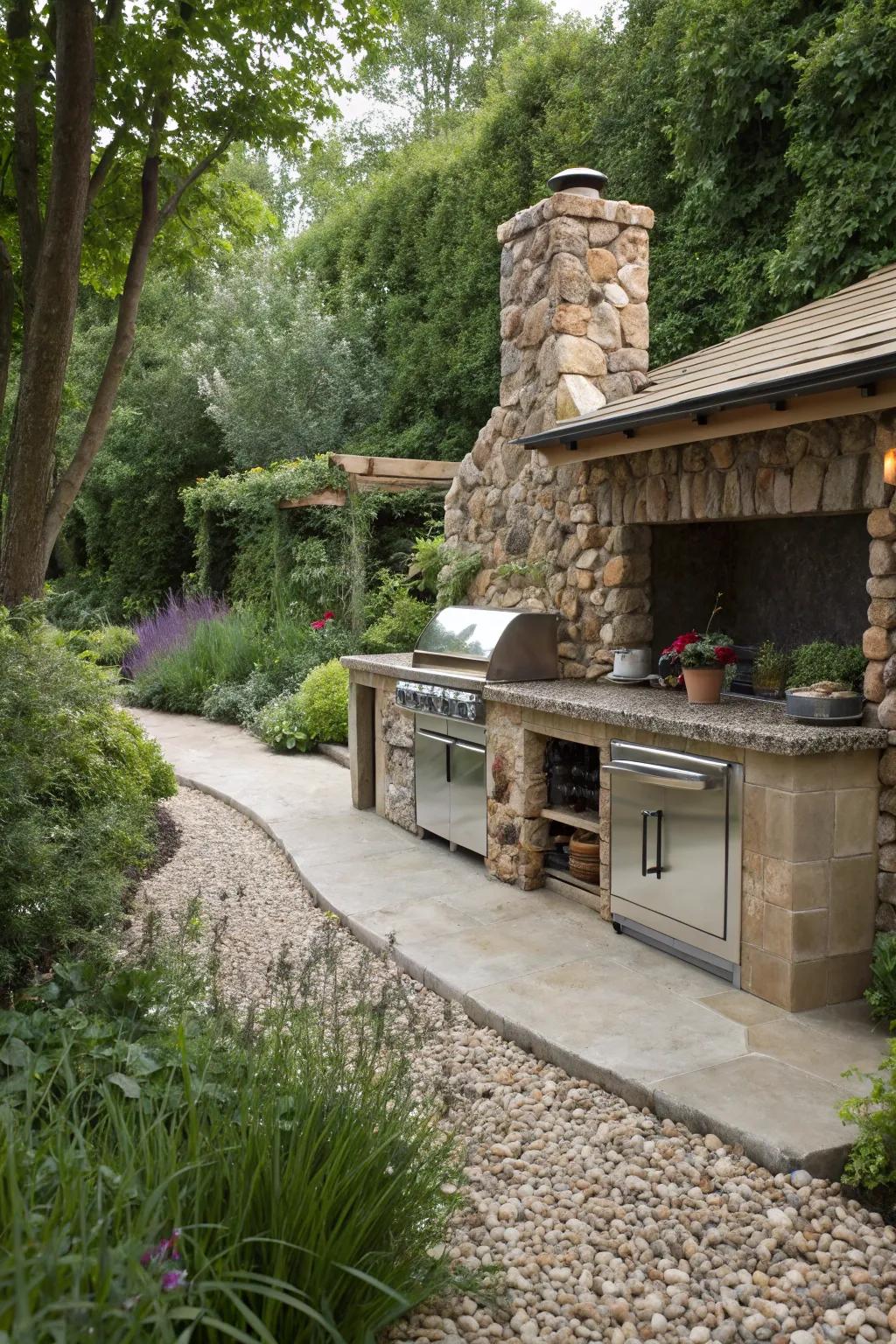 Pebble and gravel siding offers natural texture and blends seamlessly with gardens.