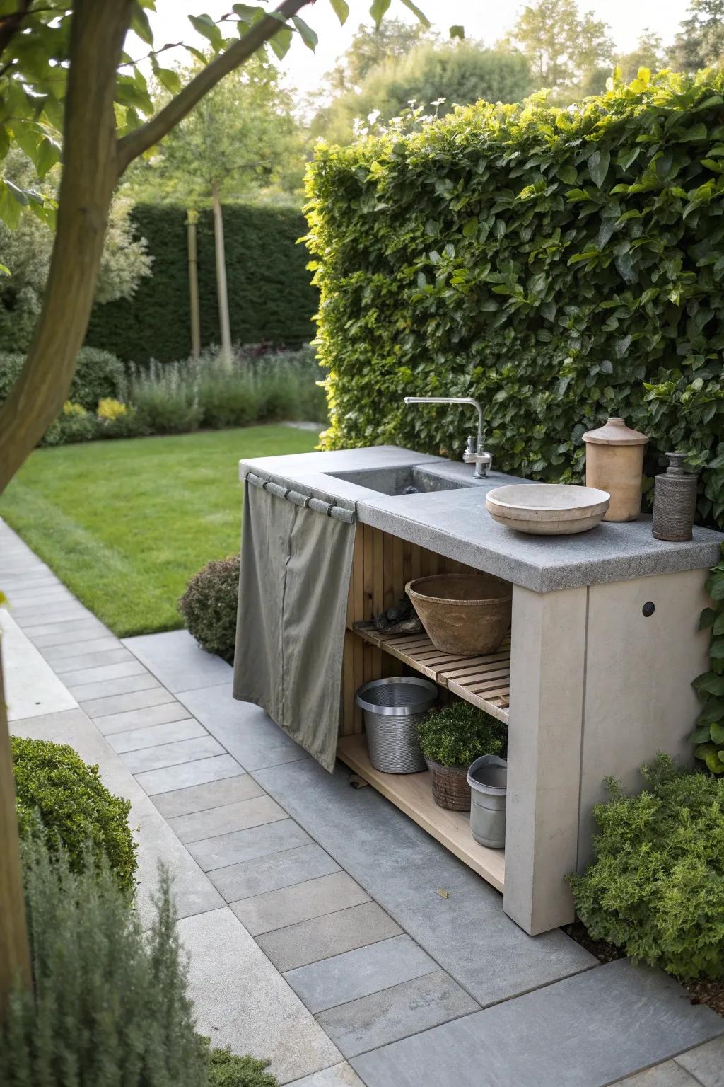 Concealed sink with dual-purpose cover for a sleek look.