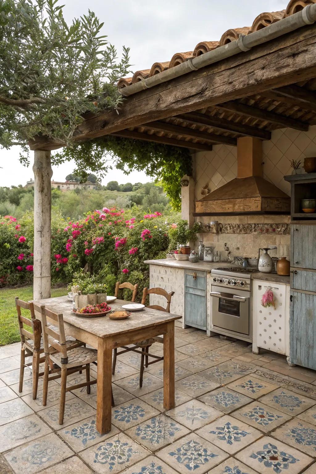 Vintage weathered tiles adding historical charm to an outdoor kitchen.