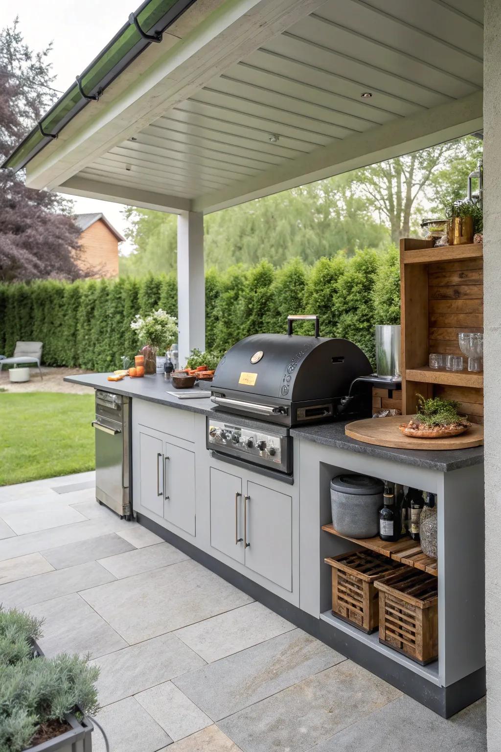 Compact yet elegant outdoor kitchen with an offset smoker.