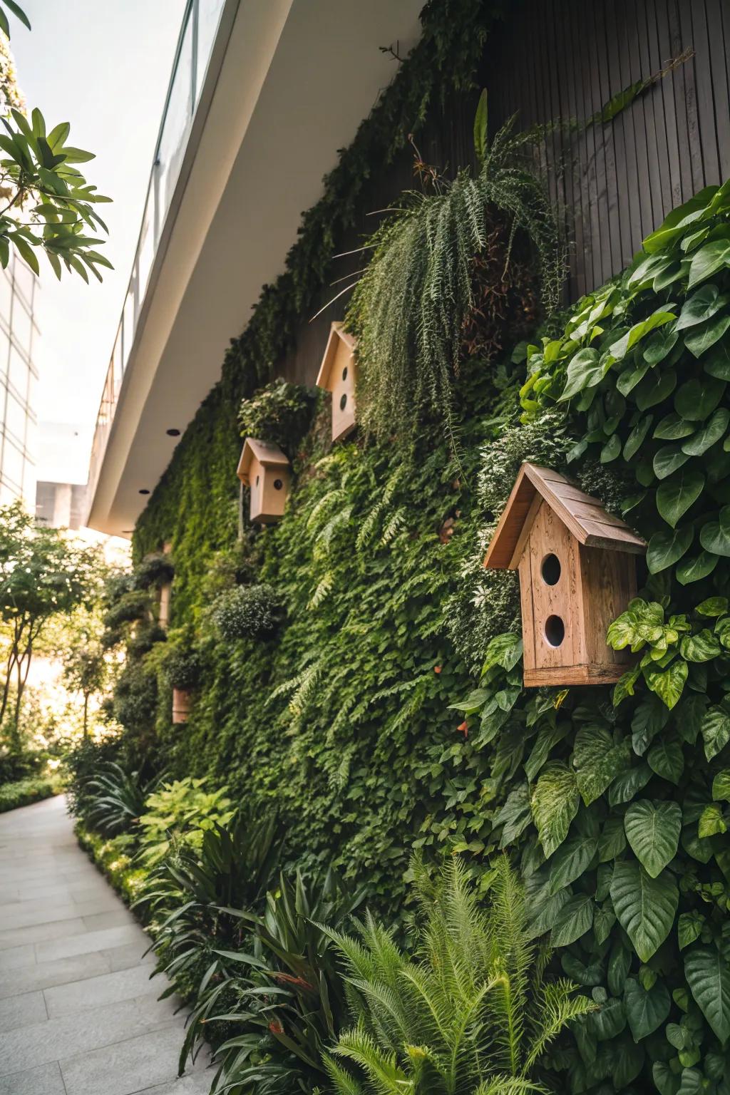 Birdhouses add life and charm to a living wall.