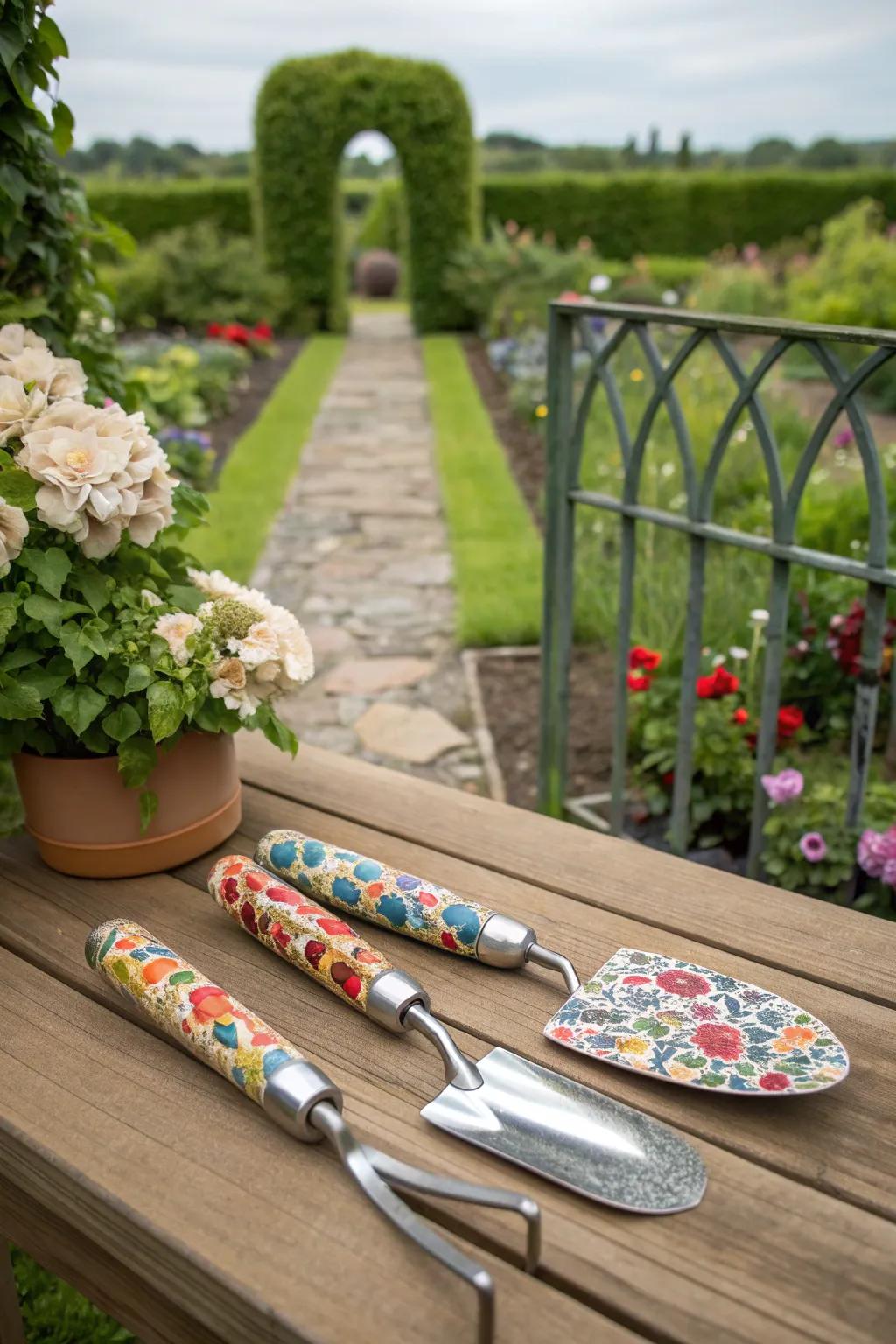 Colorful mosaic handles that turn garden tools into art.