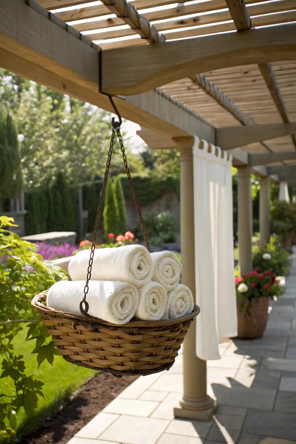 Hanging towel baskets provide a unique and efficient storage solution.