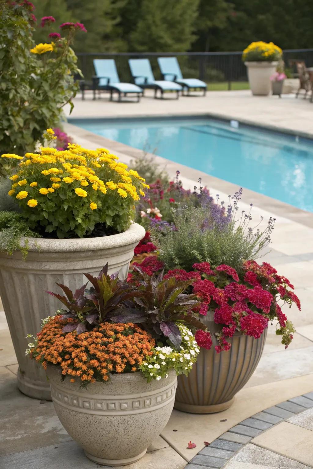 Seasonal displays keep the poolside vibrant all year.