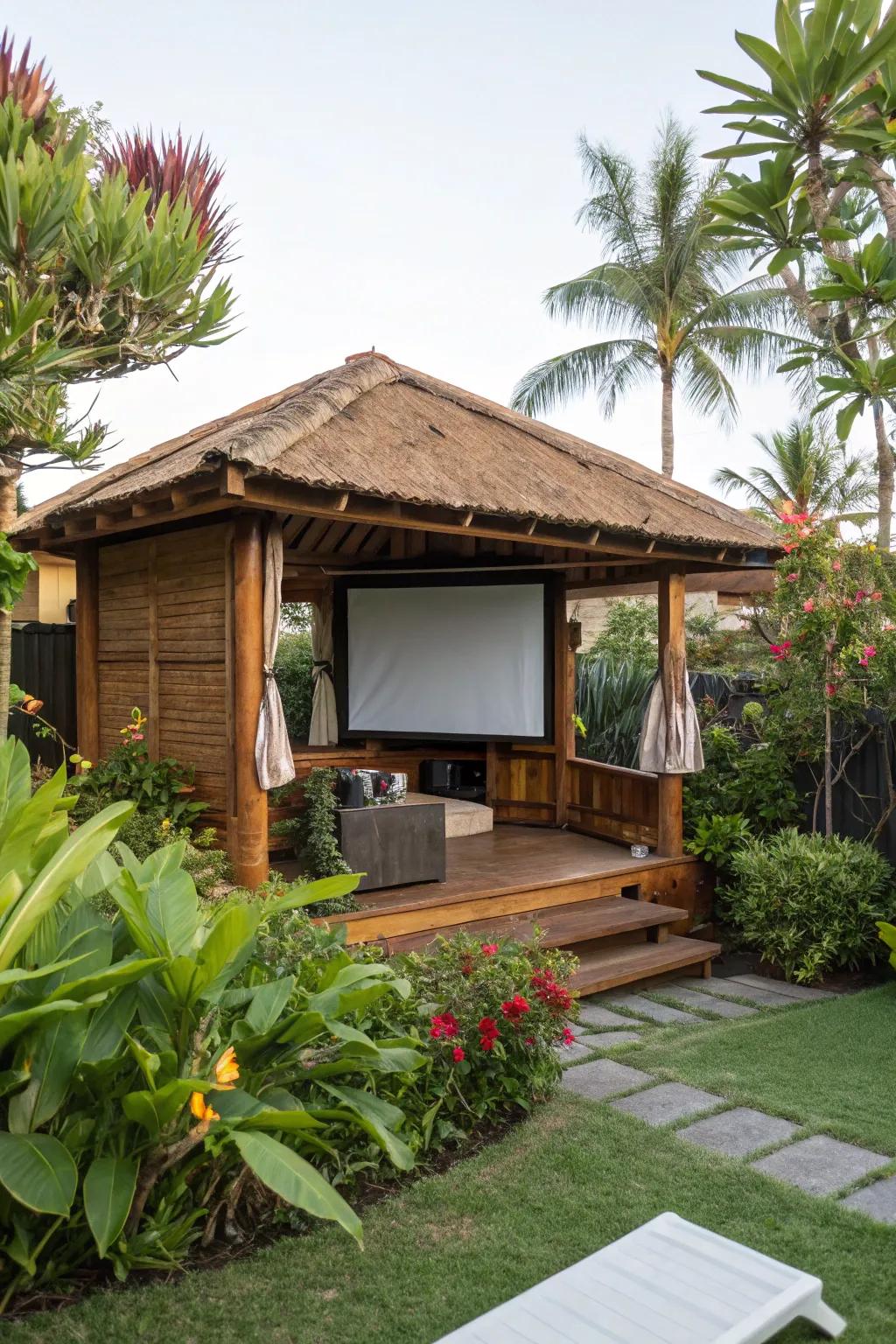 Bring vacation vibes home with a cabana-inspired projector screen setup.