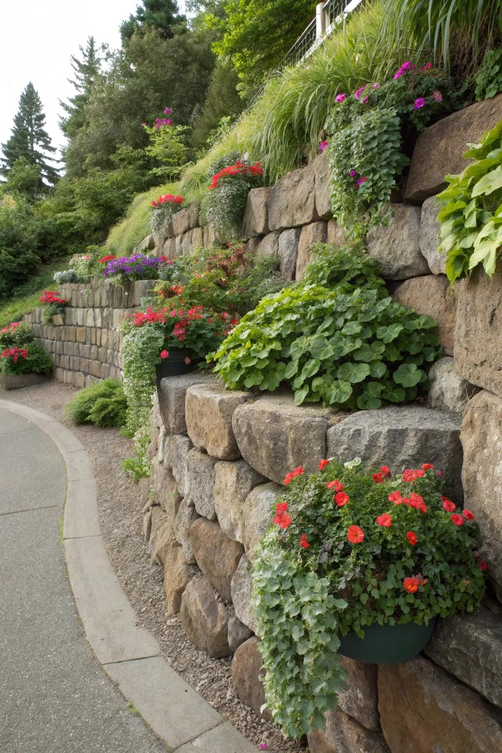 Integrated planters in rock walls keep gardens lush and green.
