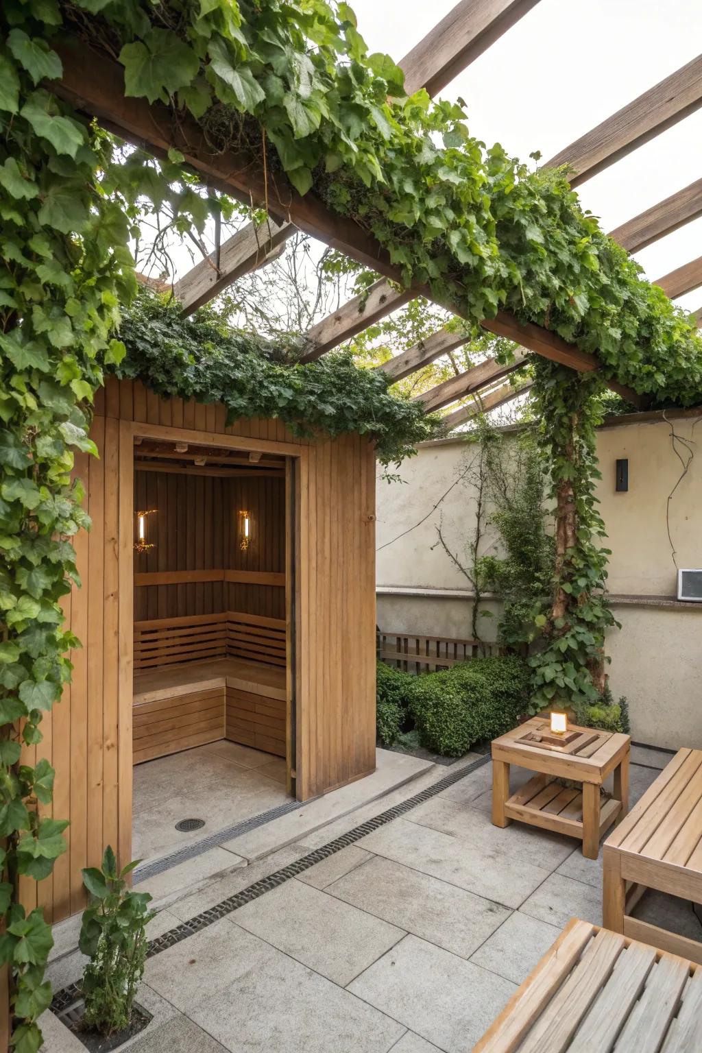 A pergola offers shade and a touch of elegance to the sauna area.