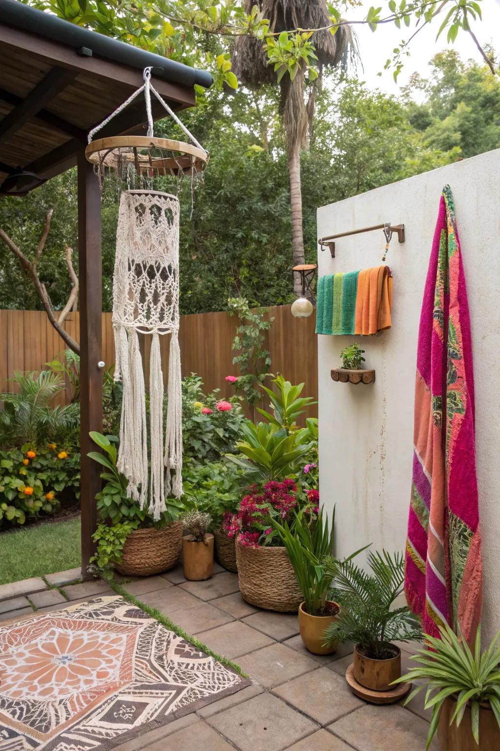 Macramé adds a bohemian touch to your outdoor shower.