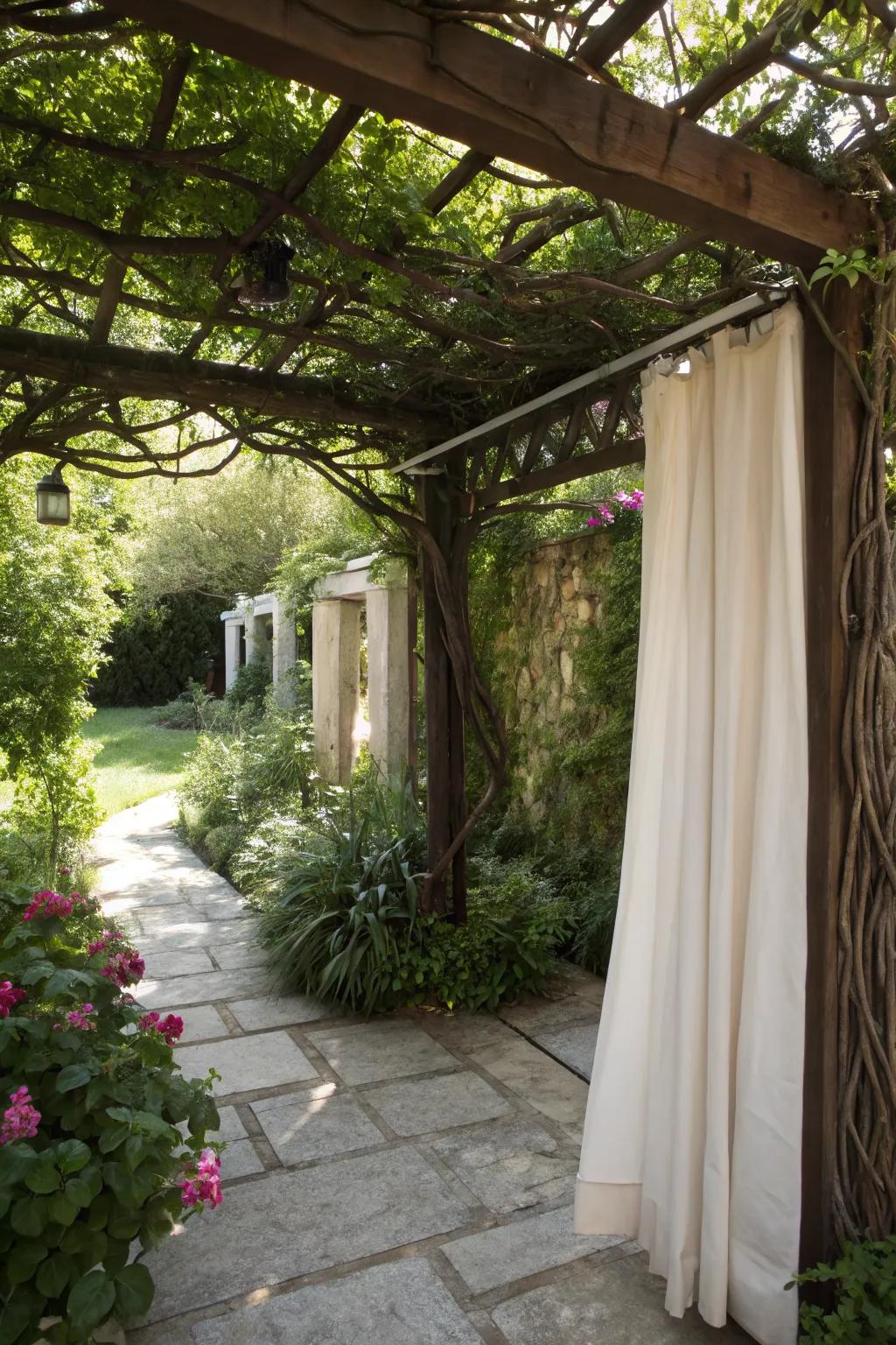 Utilize pergolas with extended shower curtains.