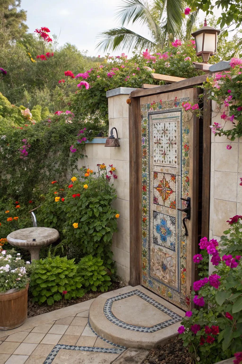 A unique outdoor shower featuring a mosaic tile door, adding color and artistic flair.