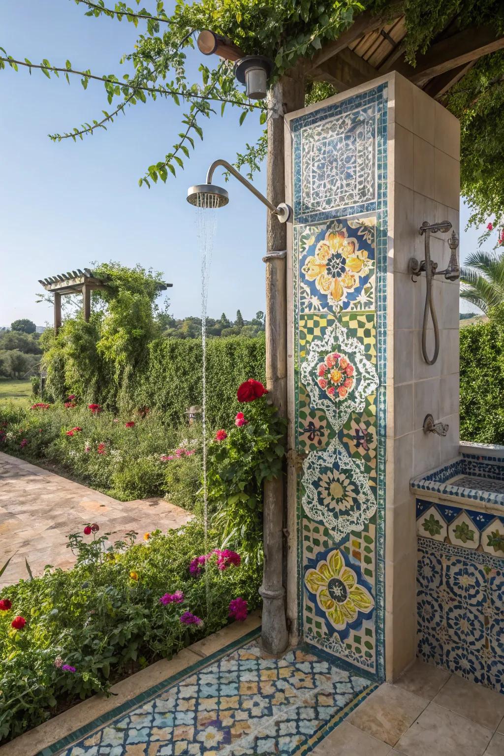 An exotic outdoor shower with intricate Moroccan tile designs.