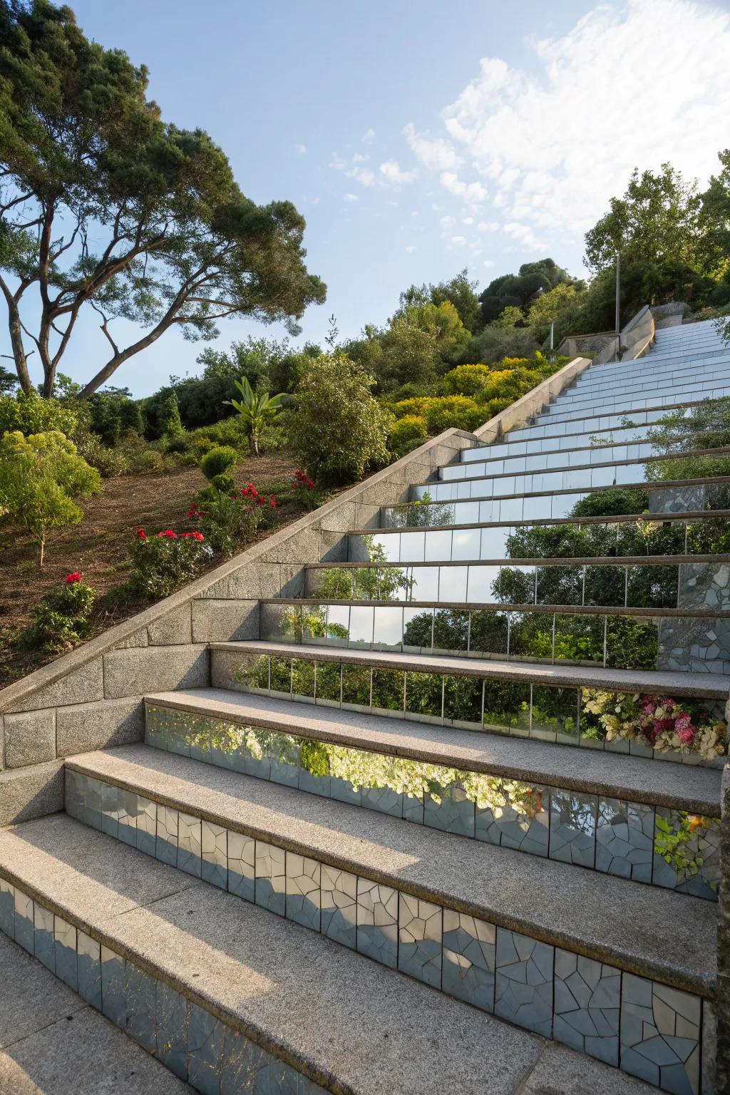 Reflective surfaces enhance light and depth on stair risers.