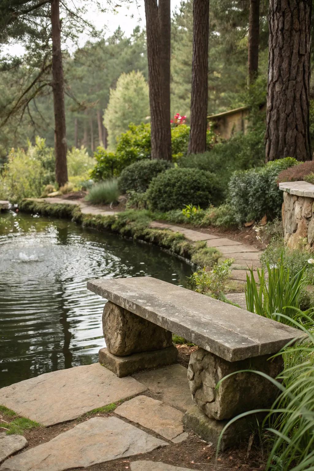 A serene backyard retreat with a stone bench by the water.