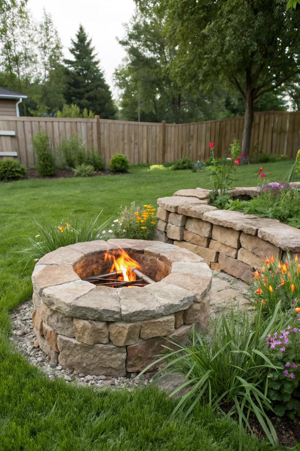 An eco-friendly stone fire pit designed with sustainability in mind.