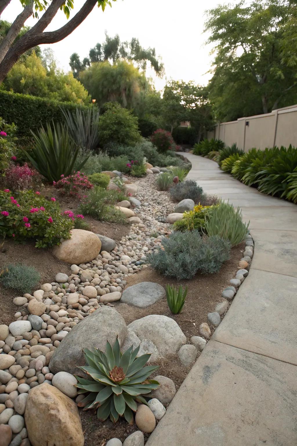 A calming riverbed effect created with pebbles and succulents.