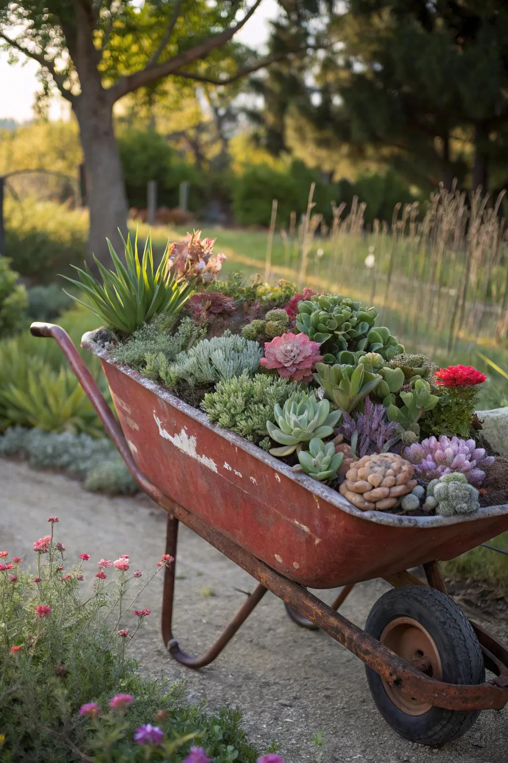 A wheelbarrow display adds charm and mobility to your succulent garden.
