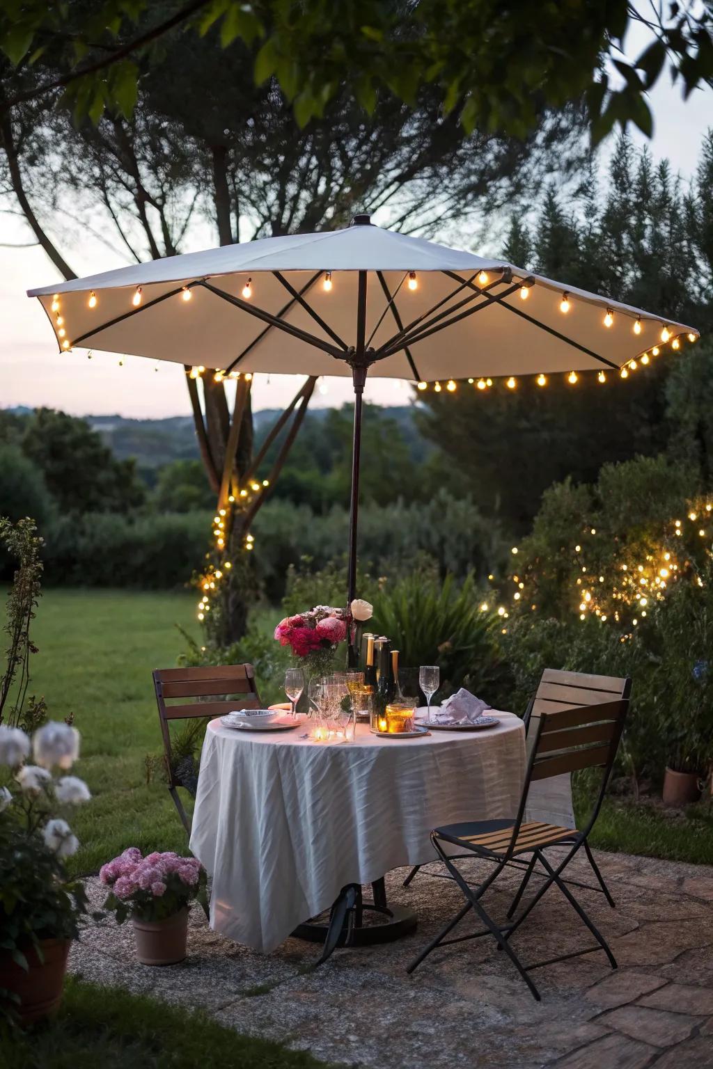 Umbrella with lights provides both charm and functionality.
