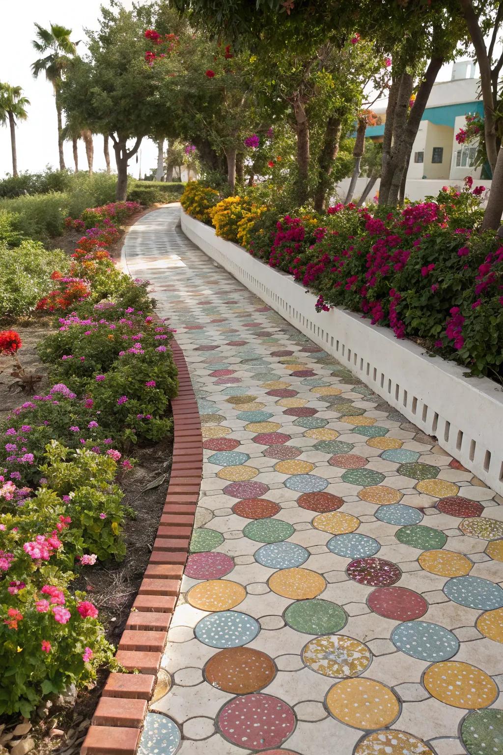 Penny tiles add a quirky and fun touch to outdoor walkways.