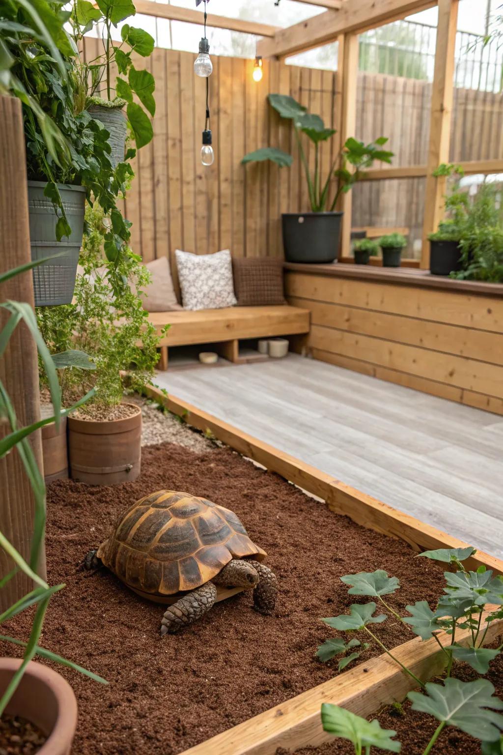 Transform your tortoise's home with eco-friendly coconut coir flooring for a natural and chic outdoor retreat.