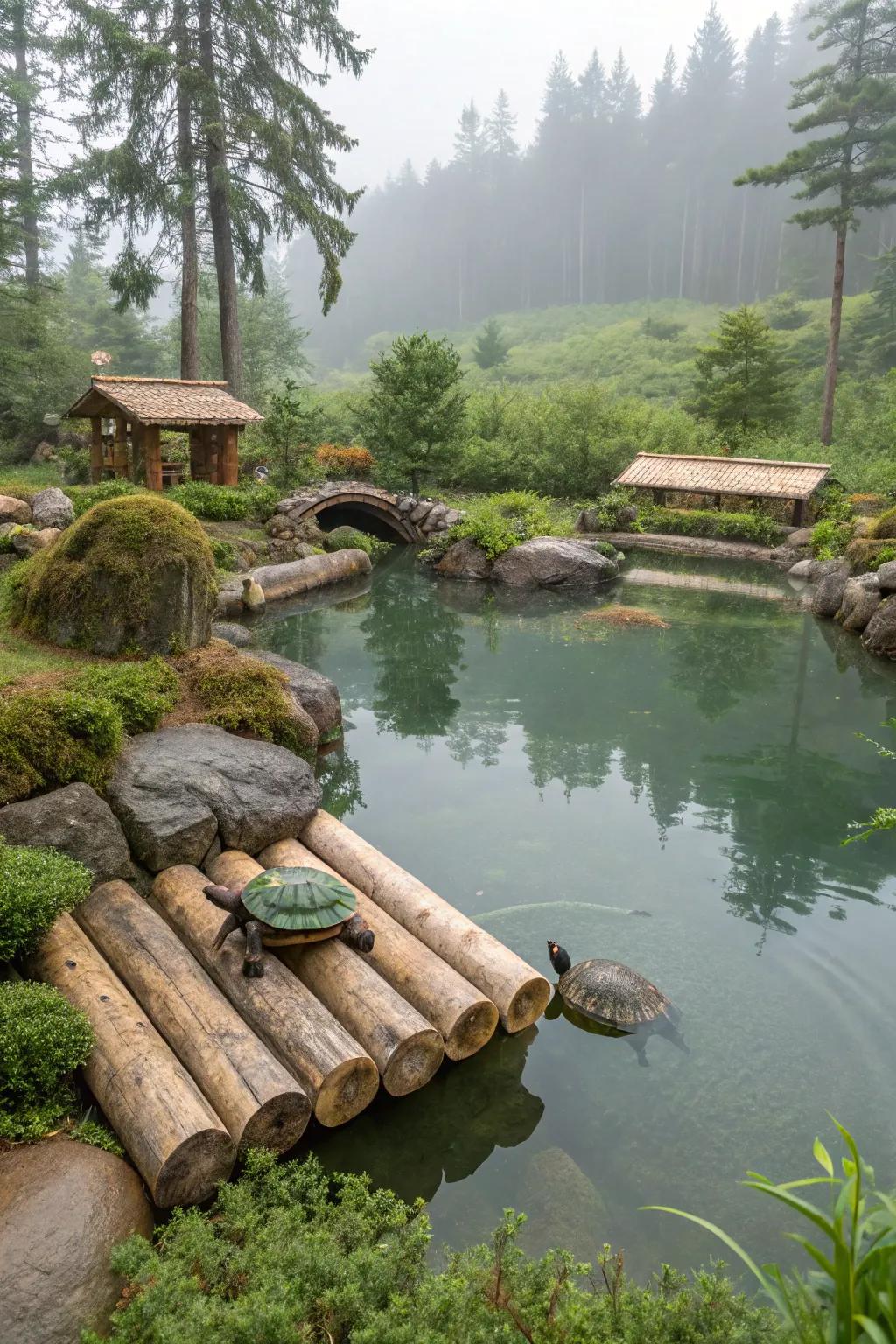 Log shelters offer protection and rest for the turtles.