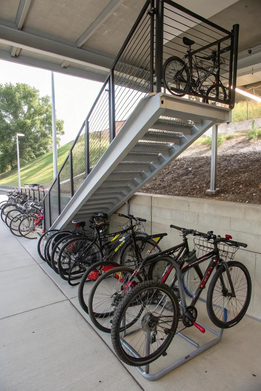 Efficiently store your bikes under the stairs.
