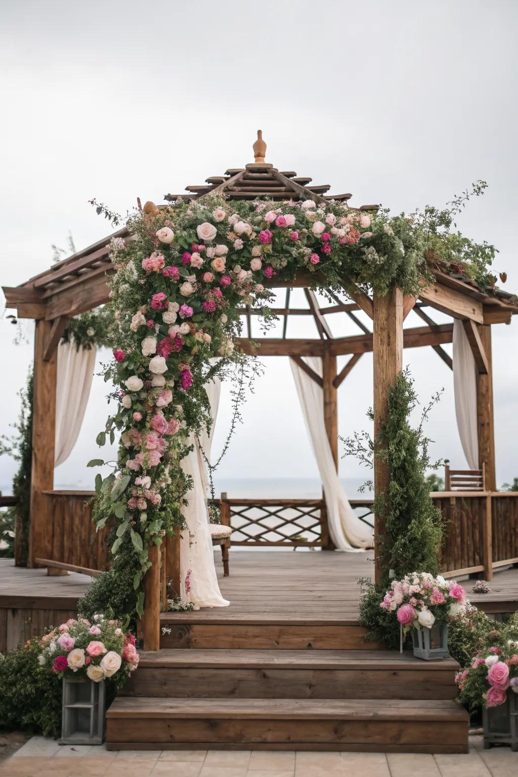 A wooden pergola provides a beautiful frame for florals.