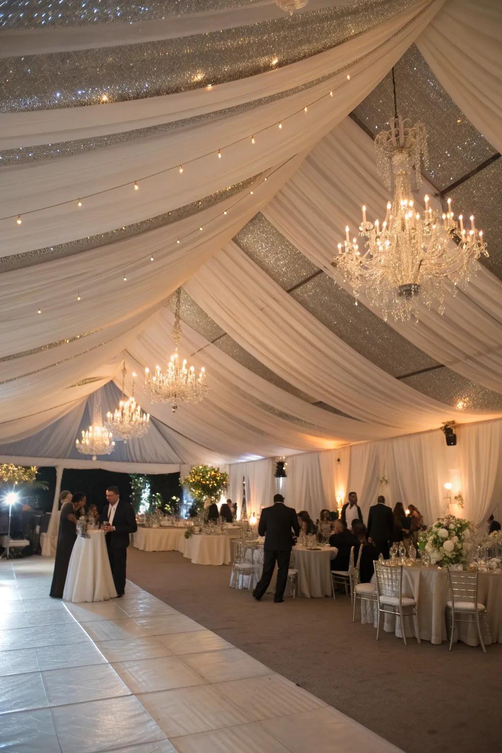 Glamorous black-tie elegance under the tent.