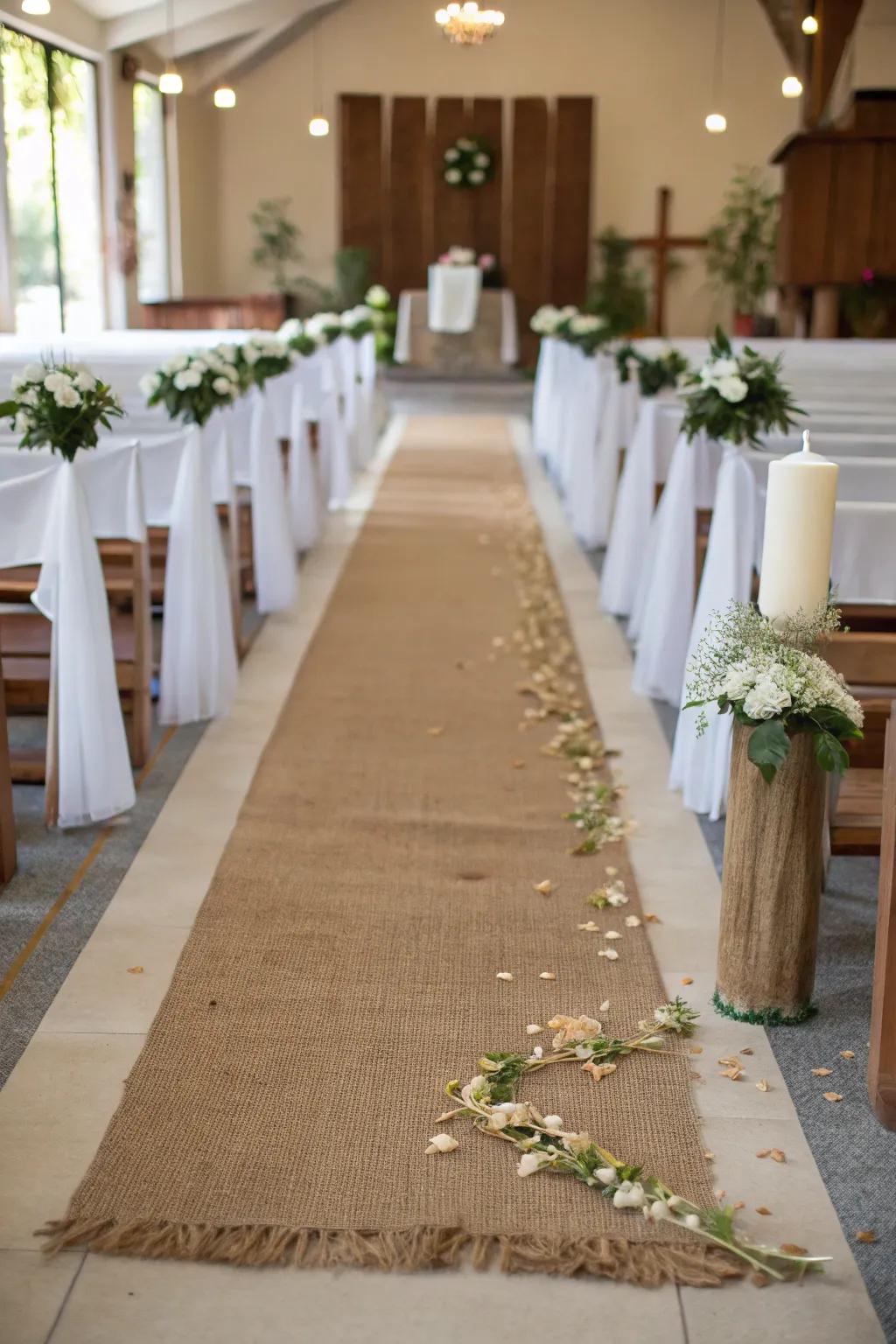 A burlap aisle runner adding rustic charm