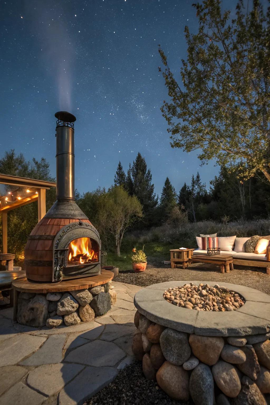 Double the warmth with a stove and fire pit combination.