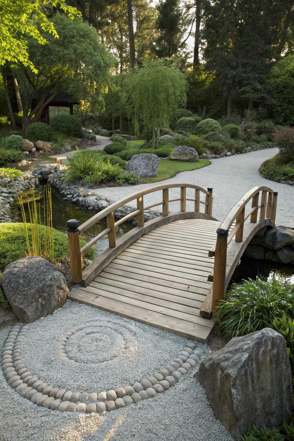 A wooden bridge connects and enhances the zen garden