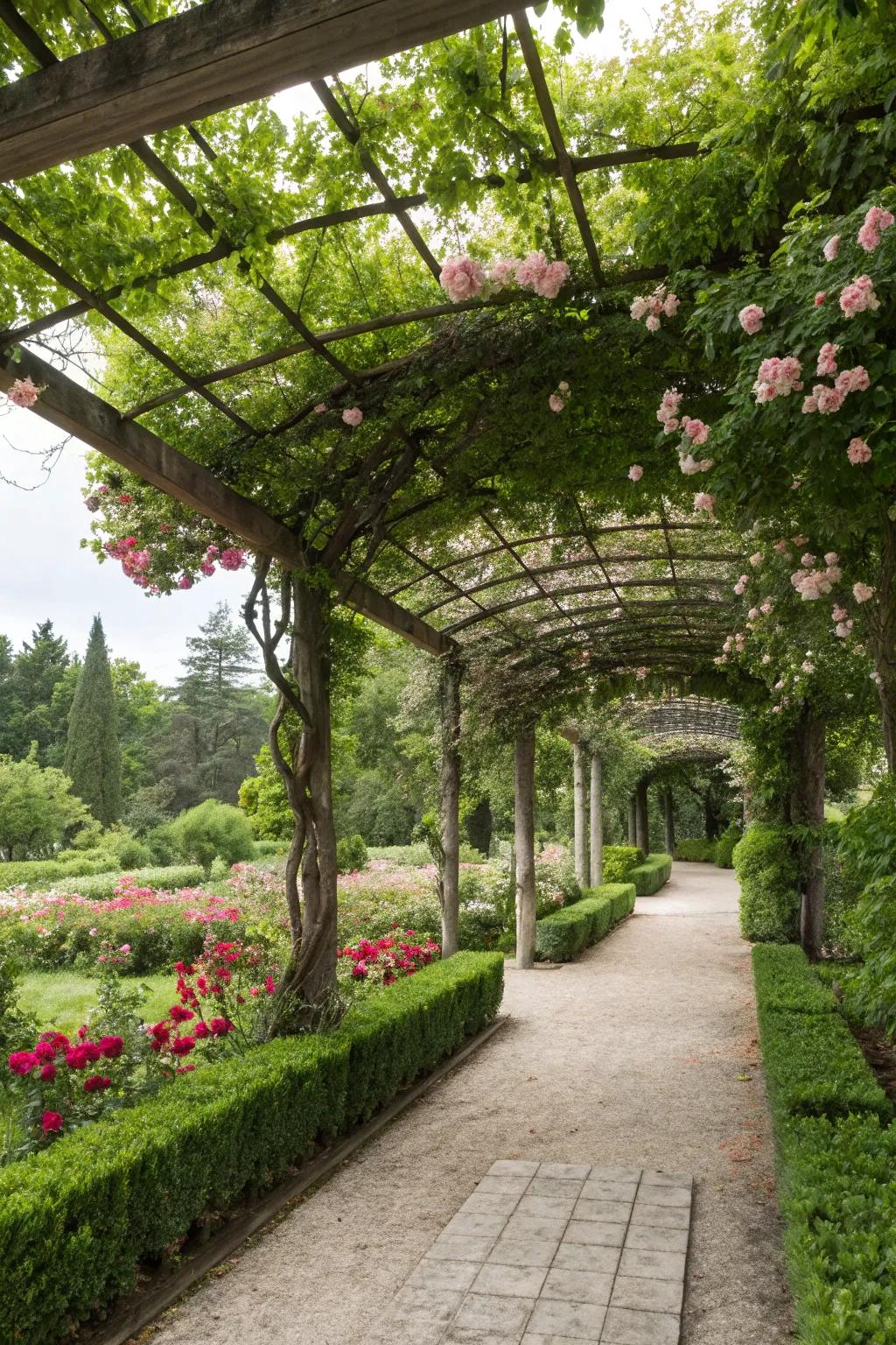 A peaceful trellis canopy offering a sheltered garden escape.