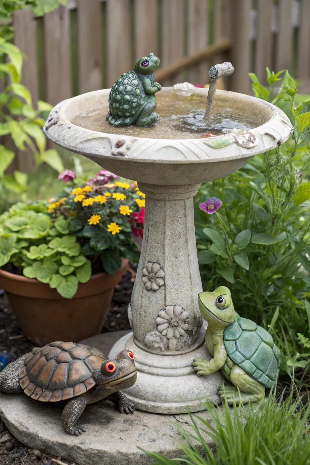 Animal friends bring playful charm to this bird bath.