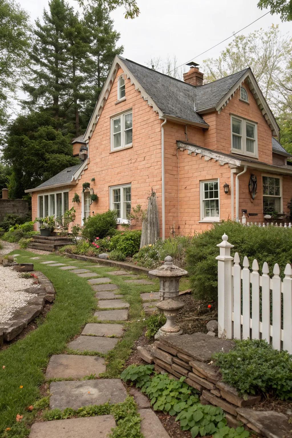 Peach painted brick creates a vintage, glowing charm.