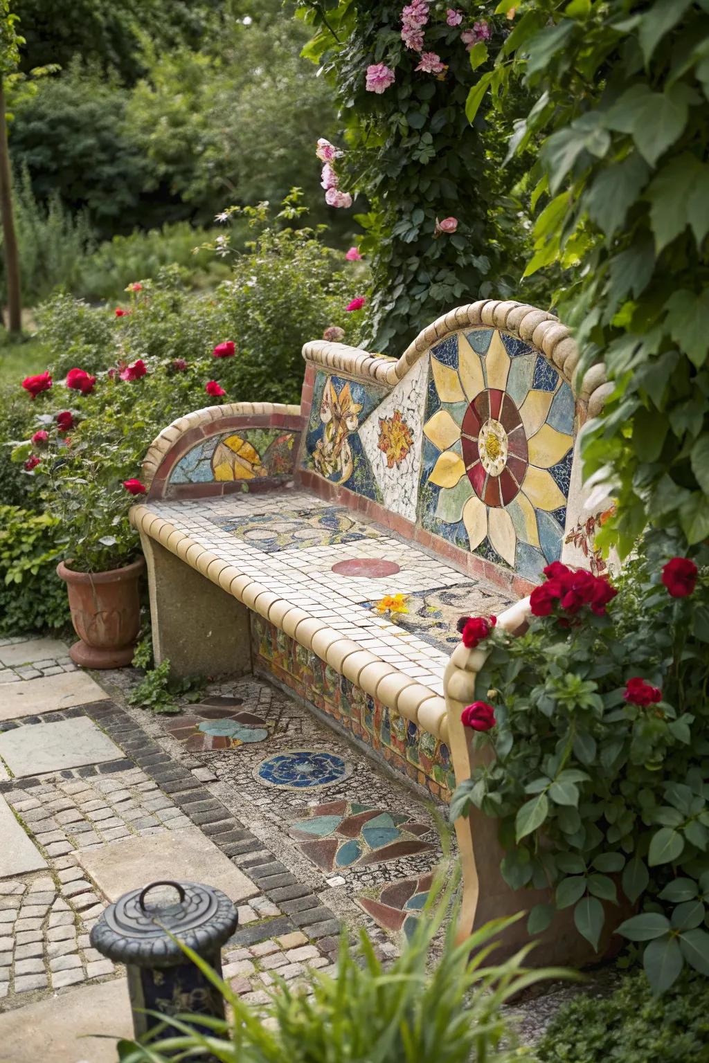 A mosaic bench that becomes a stunning garden focal point.