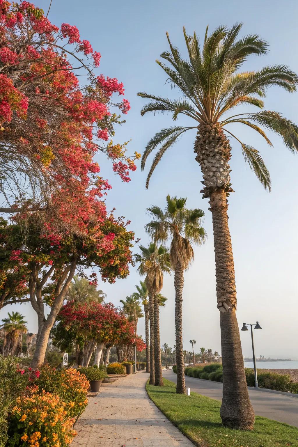Palm trees with unique seasonal features add ongoing interest.