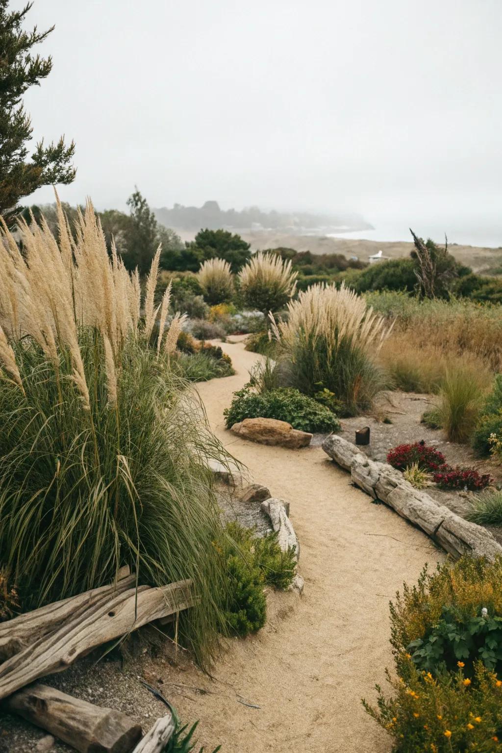 Pampas grass creates a coastal vibe with sandy paths and driftwood.