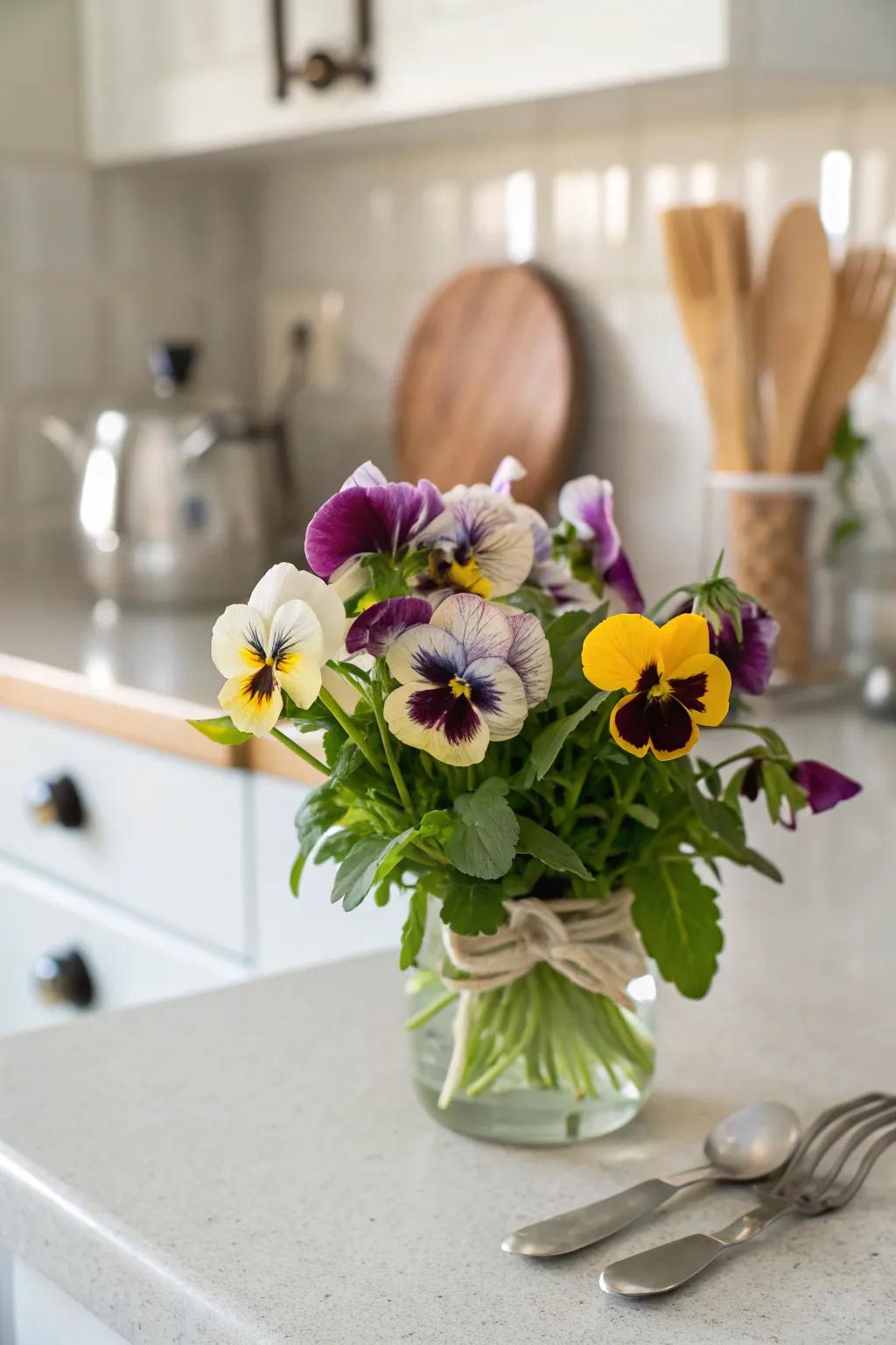 A vase of pansies bringing garden charm indoors.