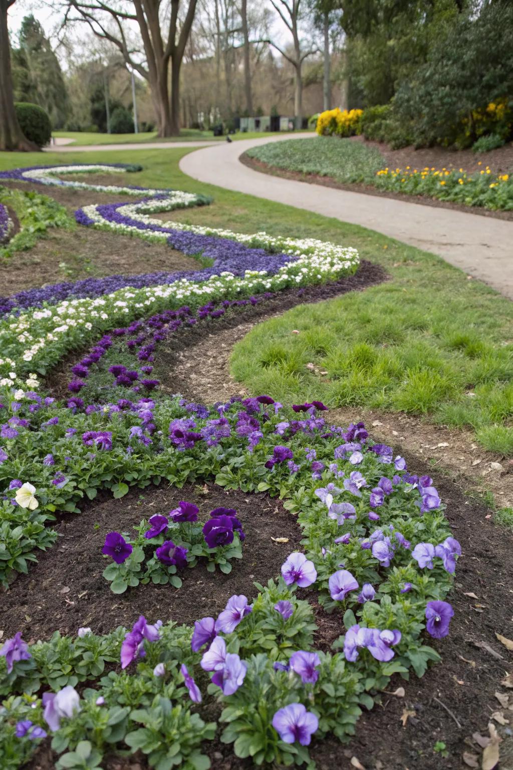 Spiral planting pattern with pansies for an artistic garden bed.