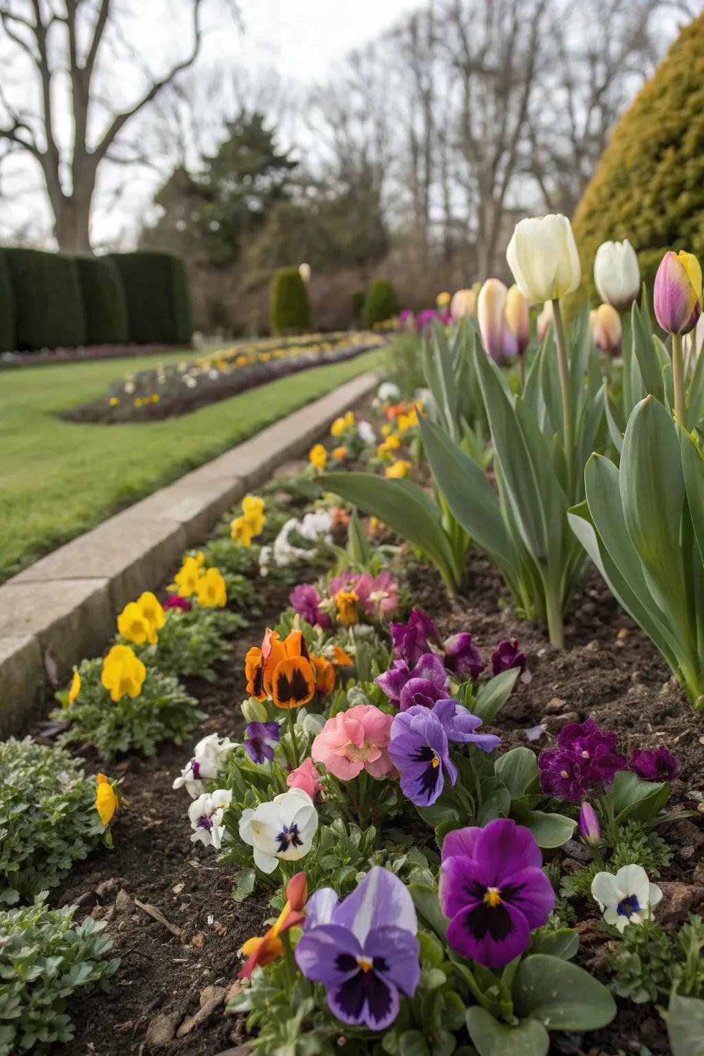 A vibrant mix of pansies and spring bulbs in full bloom.