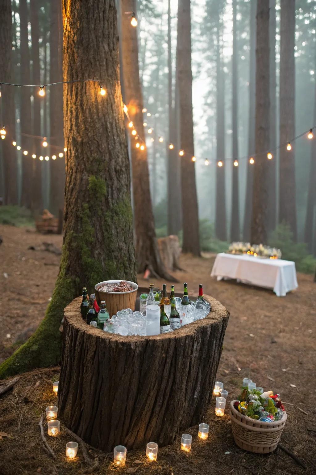 A tree stump cooler adding woodland charm to gatherings.