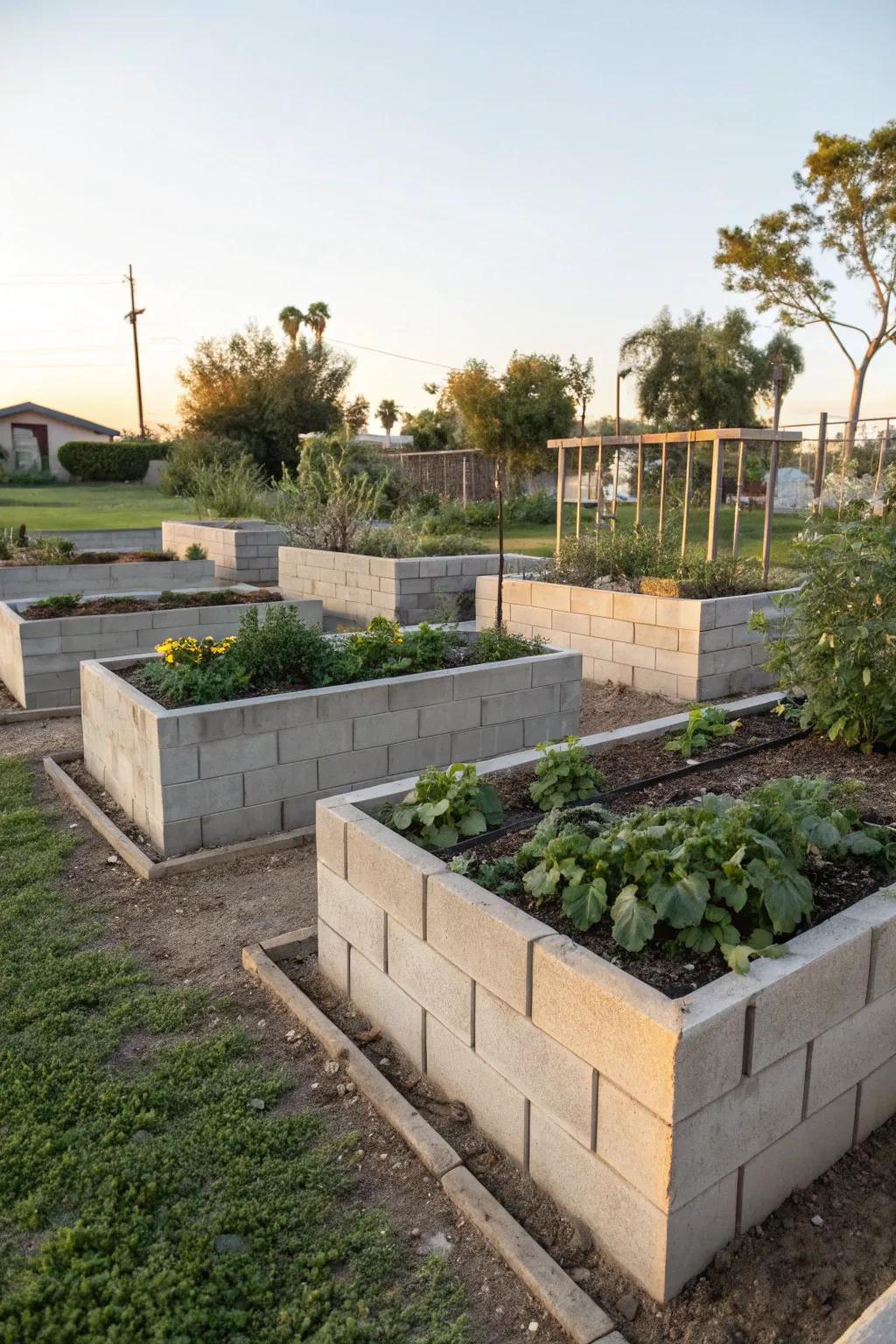 Raised planting beds with block walls, perfect for vibrant garden displays.