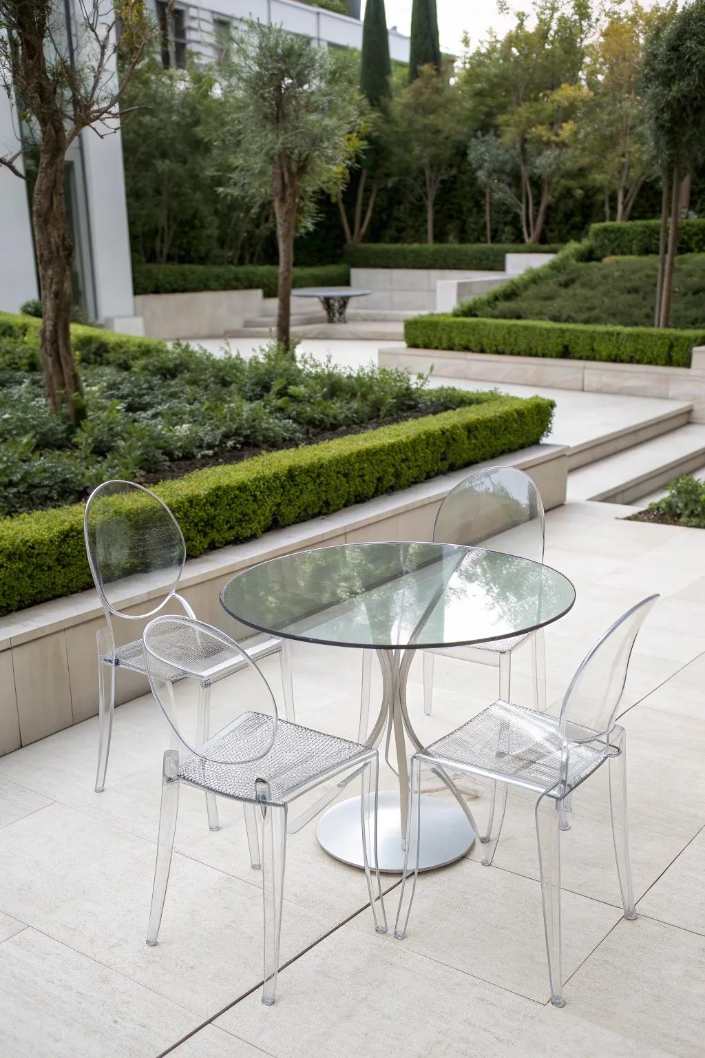 Minimalist acrylic chairs providing a sleek and unobtrusive addition to a modern patio.